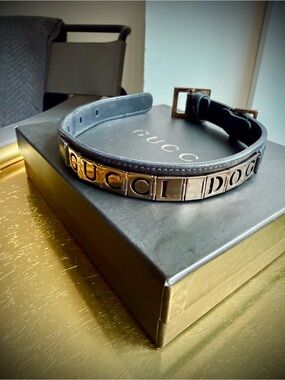 Gucci Black Leather Collar with Brass Lettering